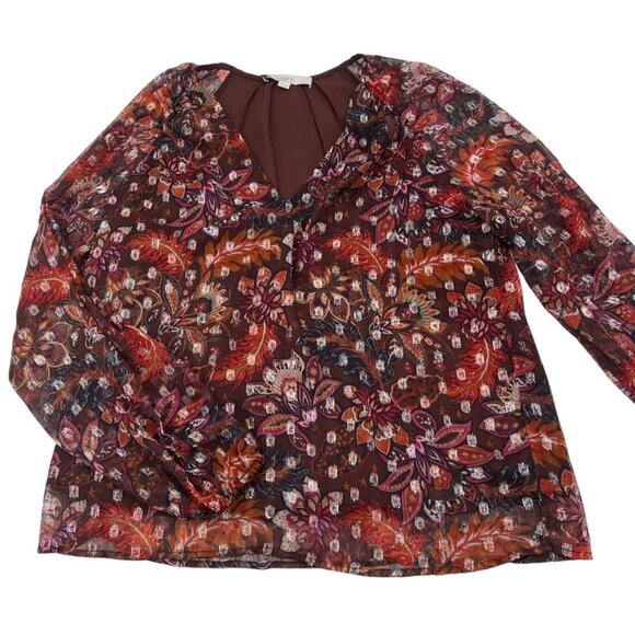 Loft Womens Floral Sheer Long Sleeve Blouse M Brown Multicolor Lightweight - Picture 1 of 5